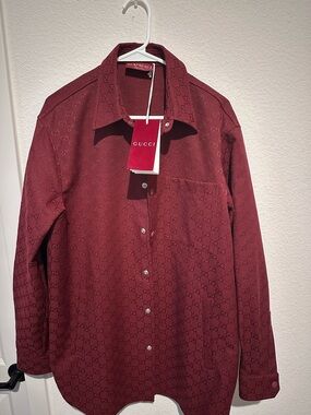 NWT Authentic Gucci Men's Burgundy Logo-Print Button-Down Shirt